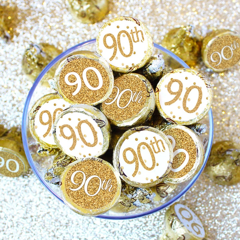 DISTINCTIVS White and Gold 90th Birthday Party Favor Chocolate Kisses Candy Stickers - 180 Labels - Image 2